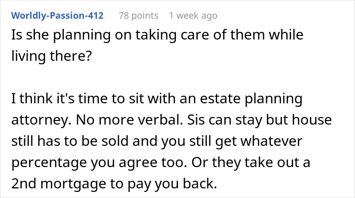 Online comment discussing parents' mortgage and estate planning with brother, sister, and financial concerns.