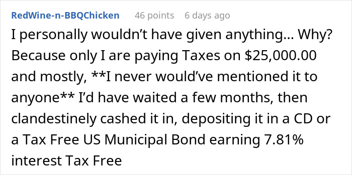 RedWine-n-BBQChicken's comment on not sharing lottery winnings from a White Elephant gift, discussing taxes and investments.