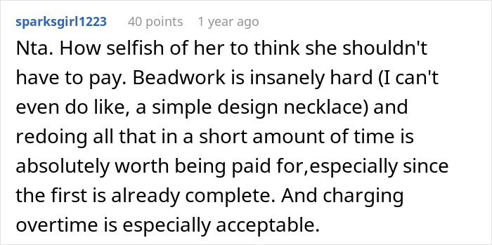 Reddit comment discussing bridal shop owner's decision, emphasizing the value of beadwork and fairness in payment.