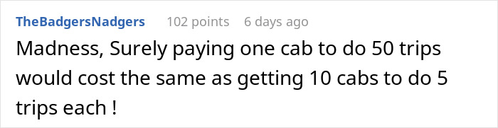 Reddit comment by user discussing cost efficiency of booking one taxi for 100 wedding guests.