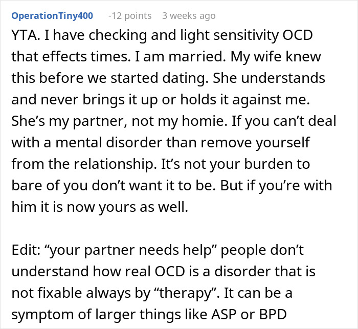 Reddit comment discussing OCD's impact on relationships and partner understanding.