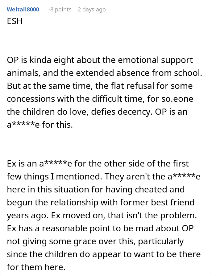 Screenshot of a Reddit comment discussing emotional support and relationship issues involving an ex-husband.