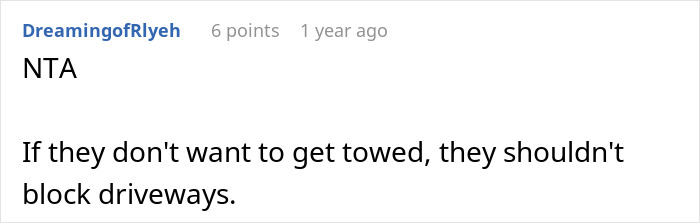 Reddit comment discussing consequences of blocking driveways with cars.