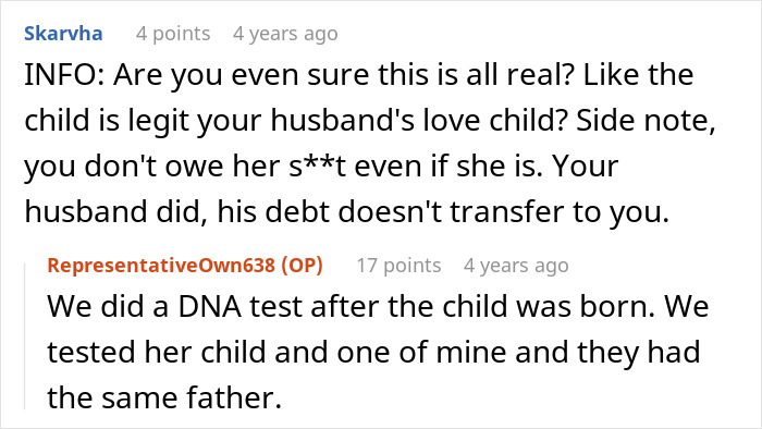 Reddit discussion about refusing to support husband's affair child's fund.