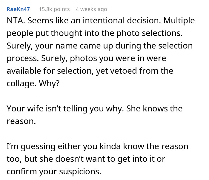 Comment discussing husband's absence from anniversary collage, questioning wife's silence on the decision.