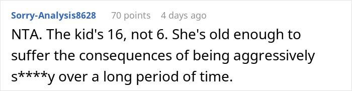 Reddit comment discussing a teen upset with her dad's new girlfriend, mentioning consequences for behavior.