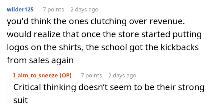 Screenshot of Reddit comments discussing school dress code loophole and compliance issues.