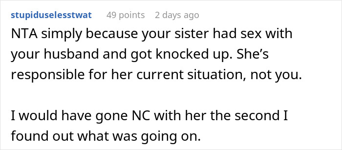 Reddit comment discussing consequences of a woman sleeping with her sister’s husband, suggesting she’s responsible.