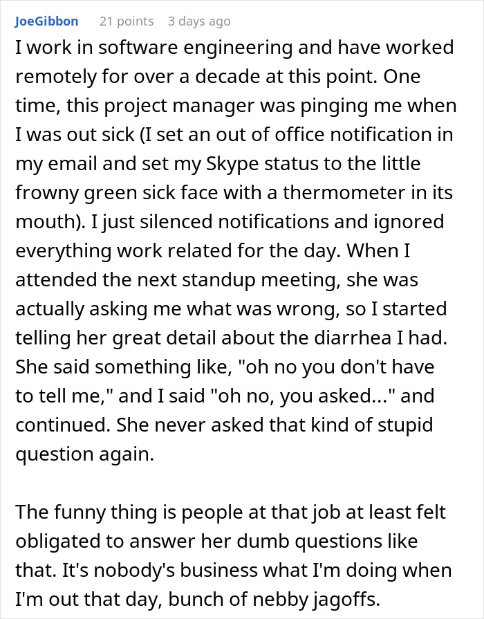 Text from social media about a guy handling an entitled coworker's question.