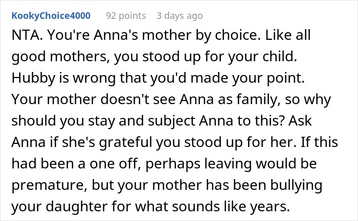 Reddit comment criticizing grandma not accepting step-granddaughter as family, praising mom's support for her child.