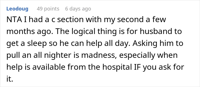 Comment advising rest for husband after wife's C-section, addressing internet debate.