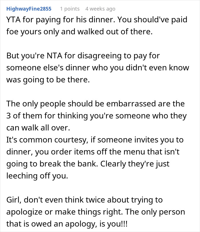 Screenshot of Reddit comment discussing whether it's wrong to refuse to pay for others at a boyfriend's birthday dinner.