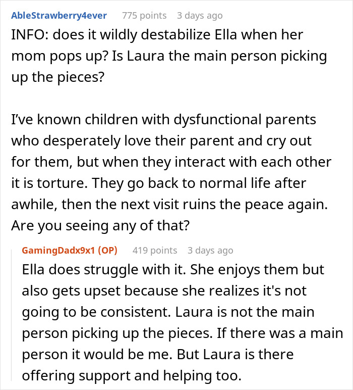 Reddit conversation about dad prioritizing daughter's safety, health, and happiness amidst family issues.