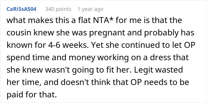 Reddit comment discussing a bridal shop owner's refusal to make a free second wedding dress.