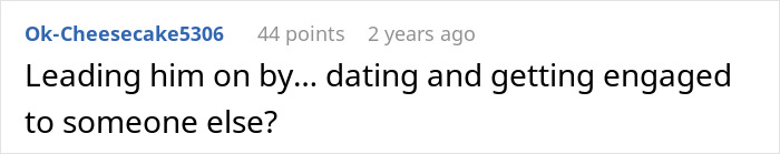 Reddit comment discussing a bride, engagement, and feelings about a love confession.