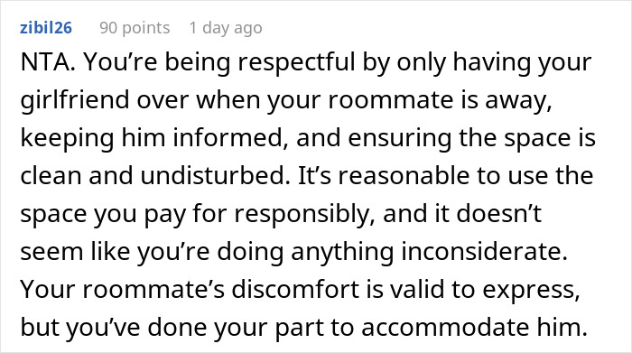 Reddit comment thread discussing relationship advice, focusing on respectful roommate arrangements.