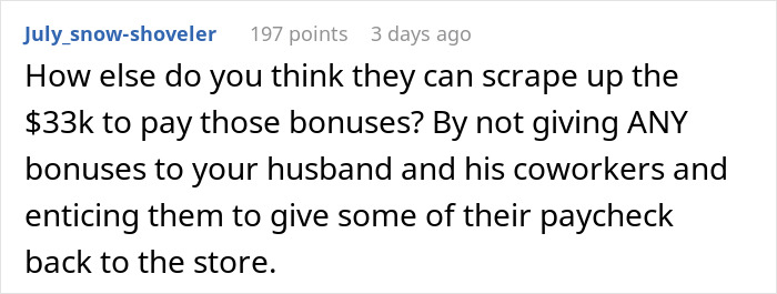 Comment on unfair bonuses, worker gets store discount, manager gets $11k.