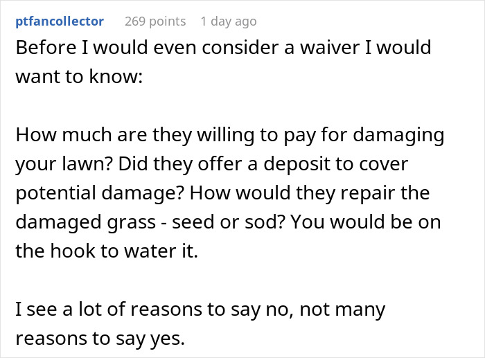 Comment discussing conditions for allowing neighbors' yard use, focusing on damage compensation and repair responsibilities.