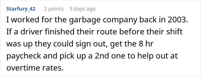 Reddit comment about garbage collectors' work and overtime pay in 2003.