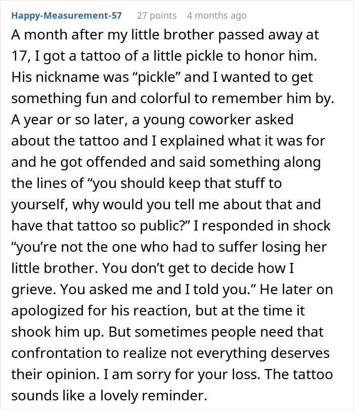 Text recounting a story about a tattoo honoring a brother, coworker's unsolicited opinion, and confrontation.