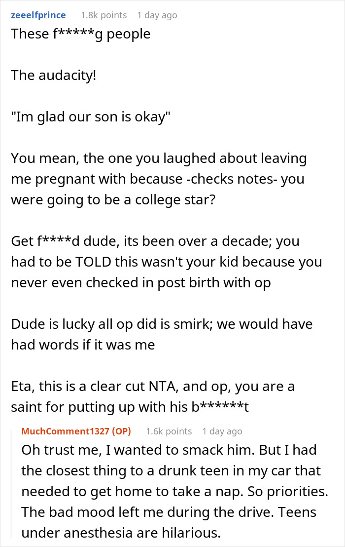 Reddit comment criticizing teen who left pregnant girlfriend, with replies discussing past actions and adoption decision.