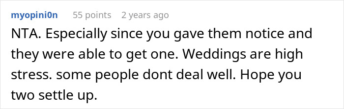 Text from a Reddit comment discussing stress and notice in wedding situations.