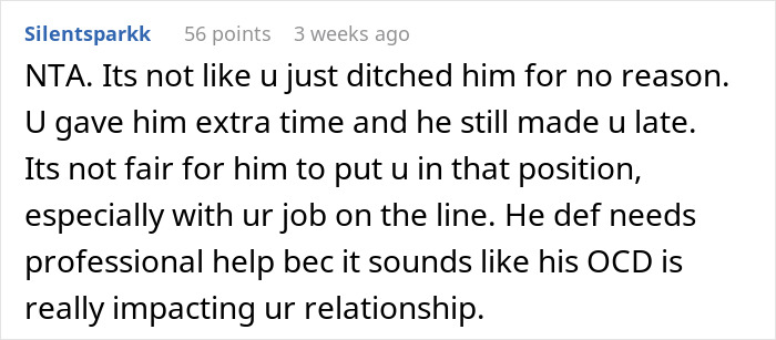 Reddit comment discussing the impact of OCD on a relationship and justifying leaving a partner at home.