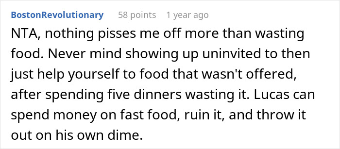 Comment criticizing wasting food and showing up uninvited to dinner parties.