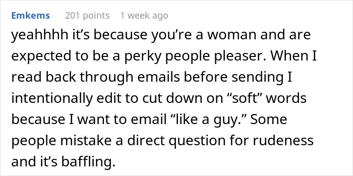 Text screenshot discussing women copying men's email style, mentioning perceptions as rude and unprofessional.