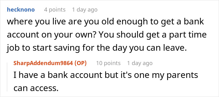 Teen discussing independence and bank account access in an online forum conversation.