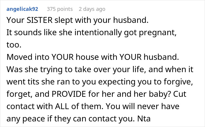 Reddit comment discussing a woman who slept with her sister's husband, causing family conflict.