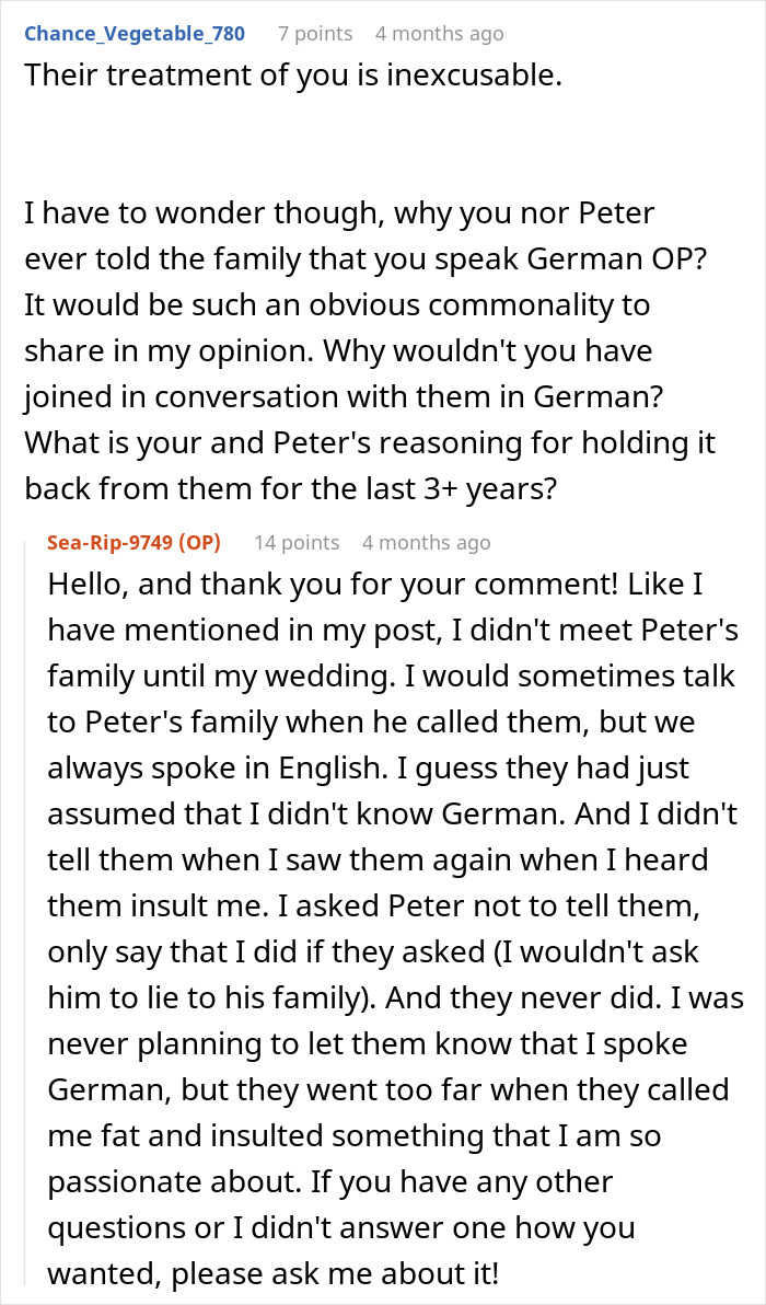 Canadian woman describes husband's family making comments about her in German in an online conversation.