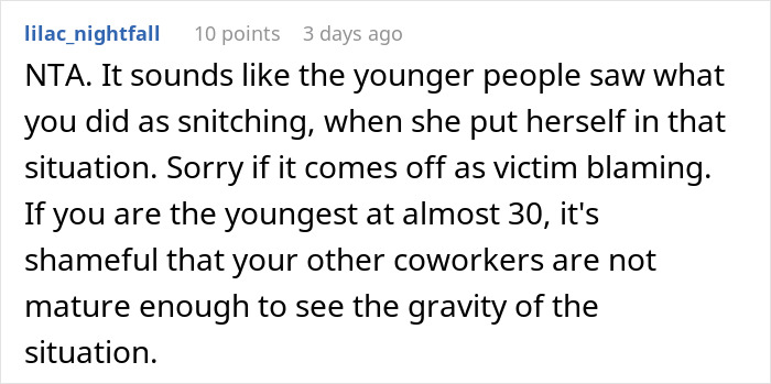 Text comment discussing age and maturity in response to calling an ambulance, mentioning coworkers.