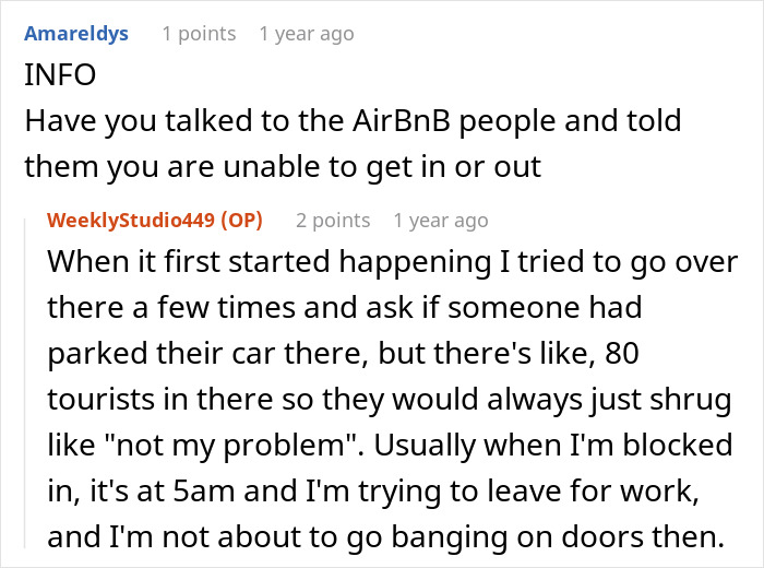 Comments discussing frustration over a car blocking a driveway.