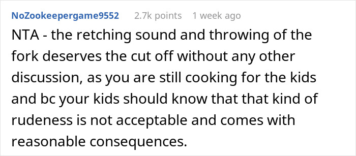 Comment discussing a husband's reaction during a cooking drama in a family setting.