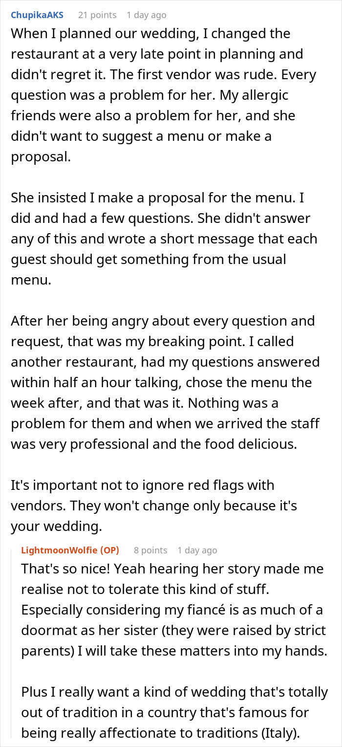 Wedding caterer causes disagreement, ruining bride's favorite dish, according to shared story in text exchange.