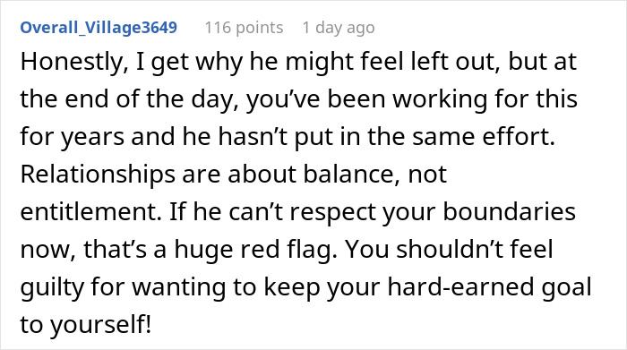 Text from a forum discussing relationship balance and boundaries with reference to a boyfriend upset over a mortgage.