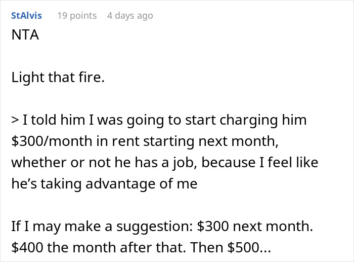 Reddit comment discussing a woman charging her brother rent to stop him from taking advantage.