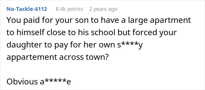 Reddit comment discussing unequal parental financial support for daughter and son.