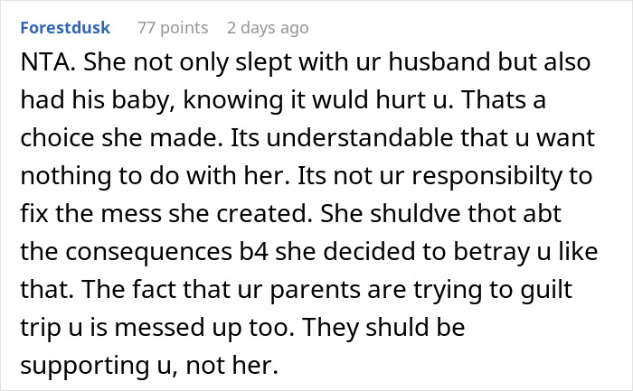 Reddit comment discussing a woman who slept with her sister's husband and its consequences.