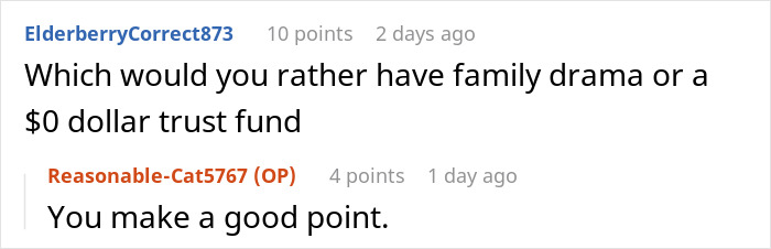 Reddit exchange about family drama versus a depleted trust fund.