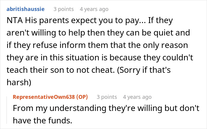 Reddit comments discussing a woman refusing financial support for husband's affair child's fund.