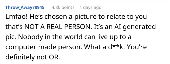 Reddit comment discusses AI-generated appearance expectations in relationships.