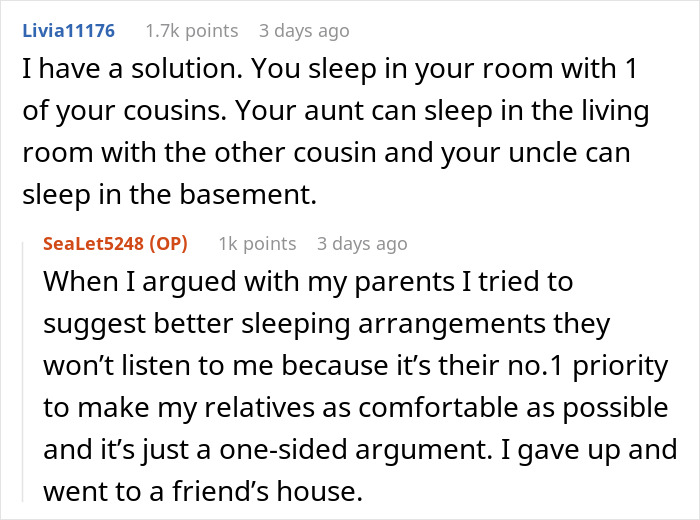 Parents ask teen to sleep in basement for relatives; he argues and stays at a friend's house.