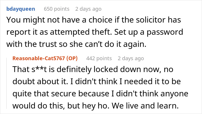 Reddit comments about a sister faking rehab, discussing attempted theft from a trust fund.