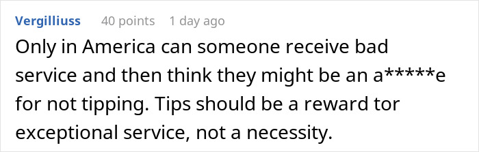 Text from a user comment discussing poor service and thoughts on not tipping in America.