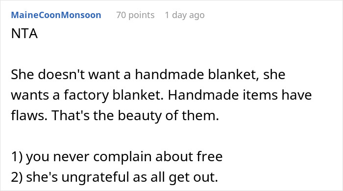 Comment discussing handmade gift demands and appreciation for handmade imperfections.