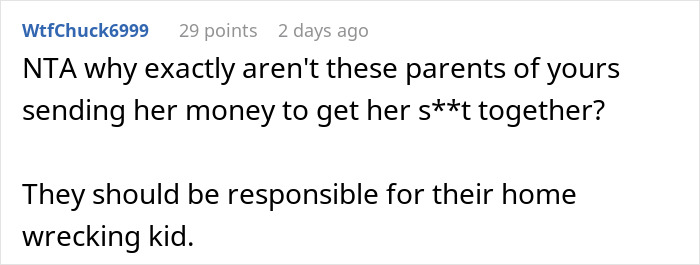 Comment discussing responsibility for woman's actions, calling her a "home wrecker.