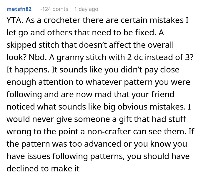 Text comment about crochet mistakes and handmade gift perfectionism.