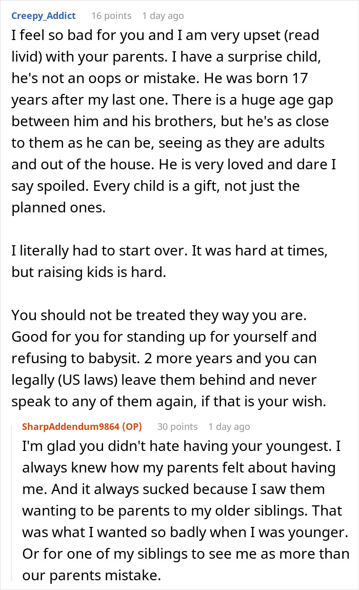 Teen stands up to parents, refuses babysitting role anymore.